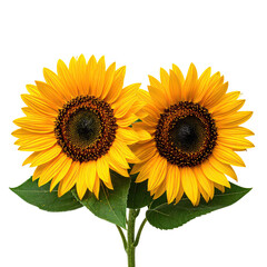 Obraz premium Two vibrant sunflowers, close together, against a black background. Their petals are a rich golden yellow, and the centers are dark brown. Green leaves frame the blossoms