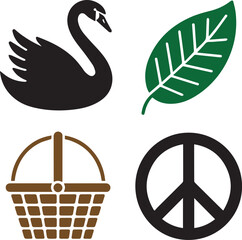 Four symbols featuring a black swan, green leaf, picnic basket and peace symbol