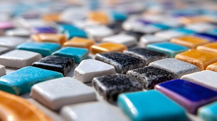 A close-up view of a colorful, intricate mosaic made up of various geometric tiles in a range of hues, forming an abstract and ic design.