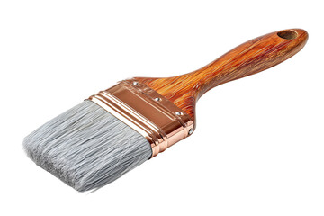 Painter&rsquo;s brush with angled bristles, copper ferrule and polished chestnut handle, tips coated in light-gray primer effect, isolated on transparent background.
