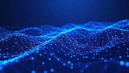 Obraz premium A digital landscape featuring blue, interconnected lines and dots, resembling a flowing wave pattern in a futuristic design.