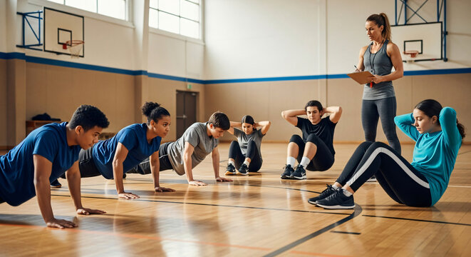 Students Performing Push Ups and Sit Ups During a Physical Education Fitness Test
