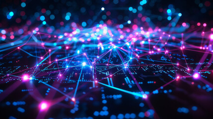 Obraz premium cyberpunk holographic HUD with a glowing neon blue and purple digital network grid