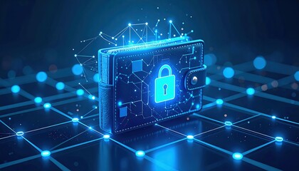 A digital wallet secured with a lock, surrounded by a network of glowing nodes, representing cybersecurity and digital finance.
