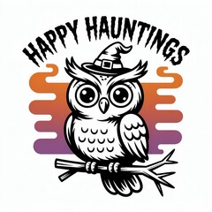 A whimsical illustration of an owl wearing a witch's hat, perfect for Halloween-themed decorations and designs.