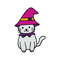 Hand drawn halloween cat wearing witch hat filled outline style vector illustration
