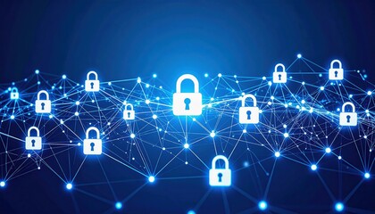 A digital representation of a secure network, featuring interconnected nodes and padlock icons, symbolizing cybersecurity and data protection.