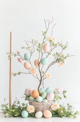 Charming spring decor with pastel easter eggs nestled in a floral basket under a decorative tree, perfect for seasonal celebrations
