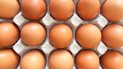 Eggs in paper tray, top view. Fresh farm eggs in eco packaging, organic food, healthy eating concept