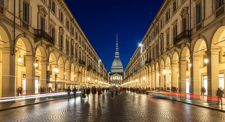 Obraz premium Night View of Elegant Turin Street.