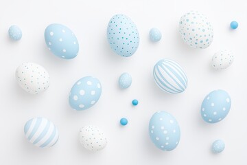 Fototapeta premium Pastel blue and white decorative eggs with dots and stripes for easter celebrations and spring seasonal decor