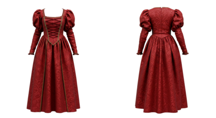 Elegant vintage red dress with long sleeves and lace isolated on white background