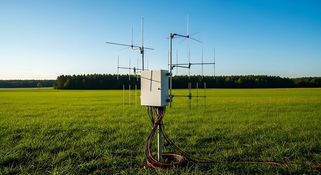 Outdoor radio antenna array in a green field under a clear blue sky.