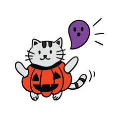 Hand drawn halloween cute cat in pumpkin costume filled outline style vector illustration