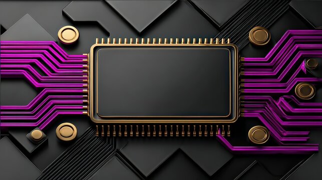 A close-up view of a modern microchip with vibrant purple circuitry against a sleek black background, ideal for technology-related projects, blogs - Powered by Adobe
