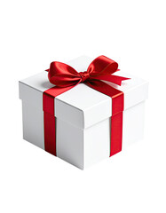 Obraz premium A square white gift box, adorned with a vibrant red ribbon and bow, sits against a black background