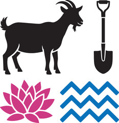 Goat, shovel, lotus flower and Aquarius symbol silhouette set