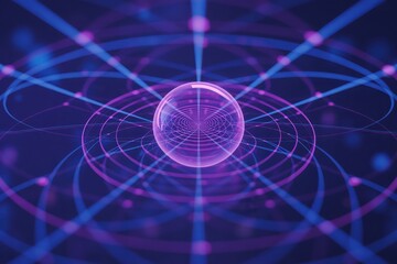 Abstract technology background with atom model and glowing particles