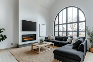 Cozy modern living room with large windows