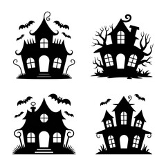 Spooky haunted houses with bats for Halloween decorations and creative projects for creepy season