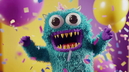 Adorable little monsters with big eyes having dance party, confetti and stars everywhere