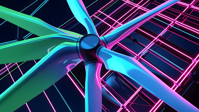 Close-up of a futuristic wind turbine with neon lighting