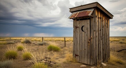Rustic Wooden Outhouse in a Vast Open Field.