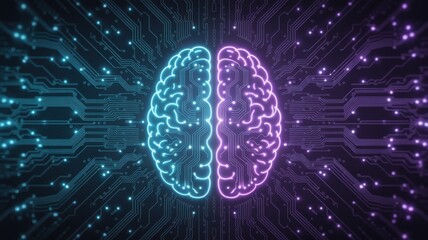 Artificial intelligence brain with circuit board and neon light
