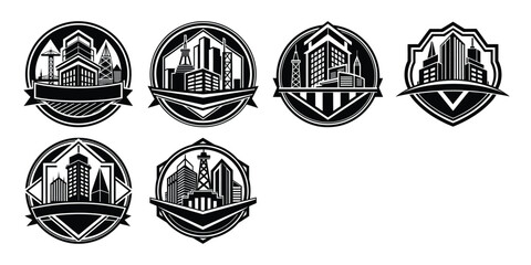 Vector art of collection of black and white city skyline emblems for logo or badge design