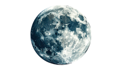 A full moon, detailed with textured light and dark areas.  The moon's surface shows varied shades of blue-gray and white