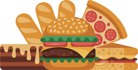 Isolated a kinds of deferent food, bread, cake, hamburger, set, burger, fast, sandwich, sweet, vector, icon, dessert, bakery, pizza vector art with white background.