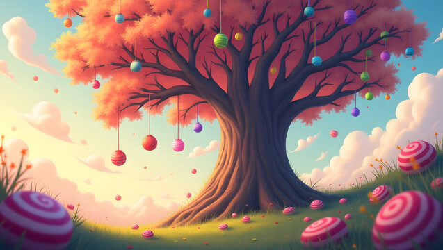 A whimsical fantasy illustration of a giant tree with colorful candy growing on its branches, lollipops and sweets hanging like fruit, soft pastel sky, magical glowing atmosphere, storybook art style.