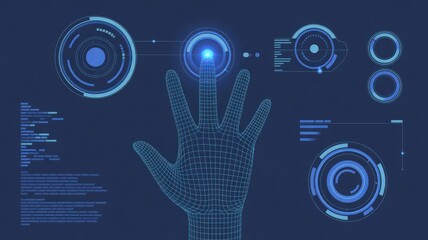 Hand touching digital interface with futuristic technology design