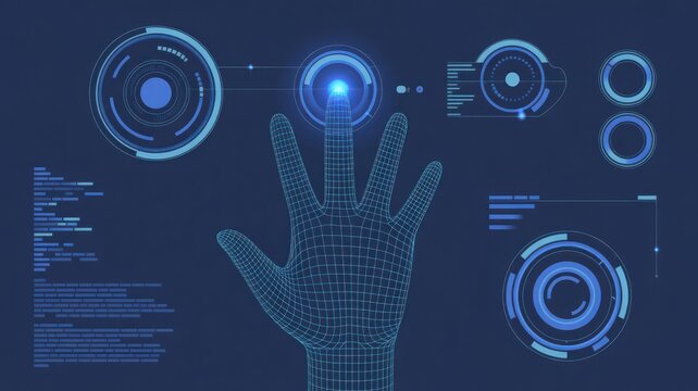 Hand touching digital interface with futuristic technology design