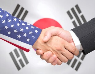 Business handshake against flags of USA and South Korea