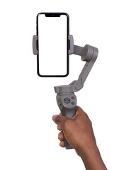Man holding a blank smart phone on gimbal stabilizer isolated on white or transparent background