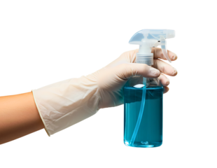 Hand wearing white glove holding blue cleaning spray bottle isolated on transparent background