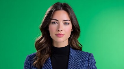 Fototapeta premium Headshot of an elegant, sophisticated woman with brown hair and a serious, authoritative expression against a green studio background