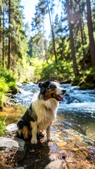 Dog by a stream in a forest