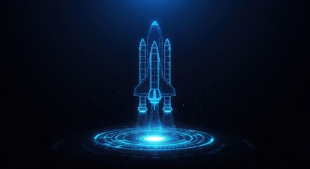 Digital startup rocket launching into space with futuristic design