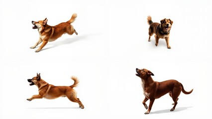 Fototapeta premium Four images of a dog running and jumping background cartoonish figure creative emotion design elements composition motion illustration expression colorful layers style depth backgrounds