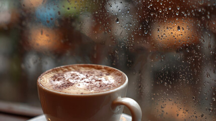 A warm cup of coffee sits on a table beside a window with raindrops. The background features blurred lights and a cozy atmosphere.