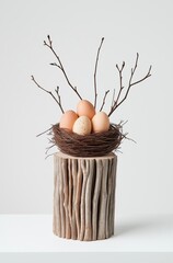 Decorative nest with various eggs displayed on rustic wooden base, perfect for spring or easter-themed arrangements