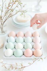 Delicate pastel easter eggs ready for decoration surrounded by cherry blossoms and elegant tableware