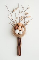 Elegant nest with assorted eggs and natural branches, perfect for spring themes and easter celebrations