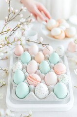 Elegant spring display of pastel easter eggs and sweet macarons surrounded by cherry blossom branches on a light table setting