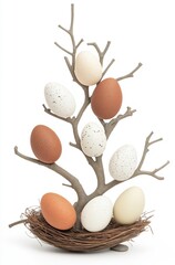 Artistic display of colorful eggs nestled in a rustic branch tree for spring decor or easter celebrations