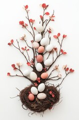 Whimsical easter tree arrangement with colorful eggs and delicate leaves in a nest – perfect for spring decor inspiration
