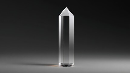 A clear crystal obelisk stands elegantly against a dark background, perfect for use in branding, marketing, or decor, This image conveys luxury, sophistication, and elegance,