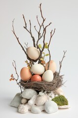 Elegant nest arrangement with colorful eggs and natural elements on soft rocks and moss, perfect for spring or easter themes